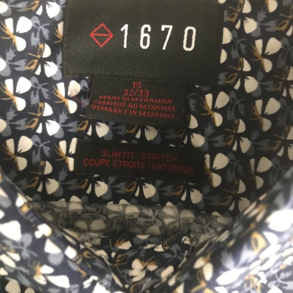 Men’s 1670 Dress Shirt US 15 Long Sleeve 32/33 Slim Fit Navy Pattern - Picture 6 of 9